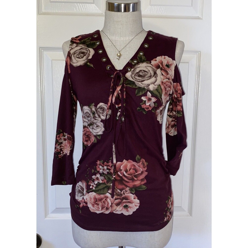 Mine Purple Floral Cold Shoulder Long Sleeve V-Neck Lace-Up Knit Top Size M